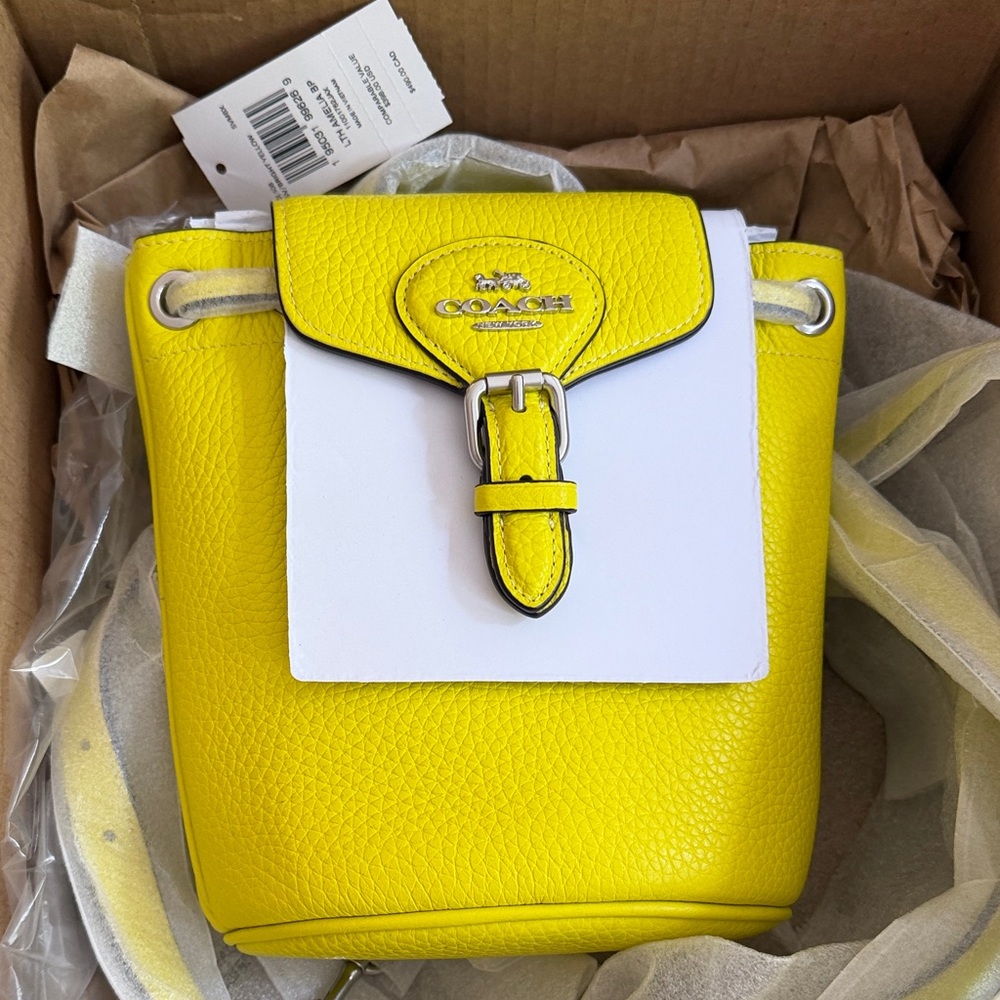 COACH  Amelia Yellow and White Pebbled Leather Mini Bucket Crossbody